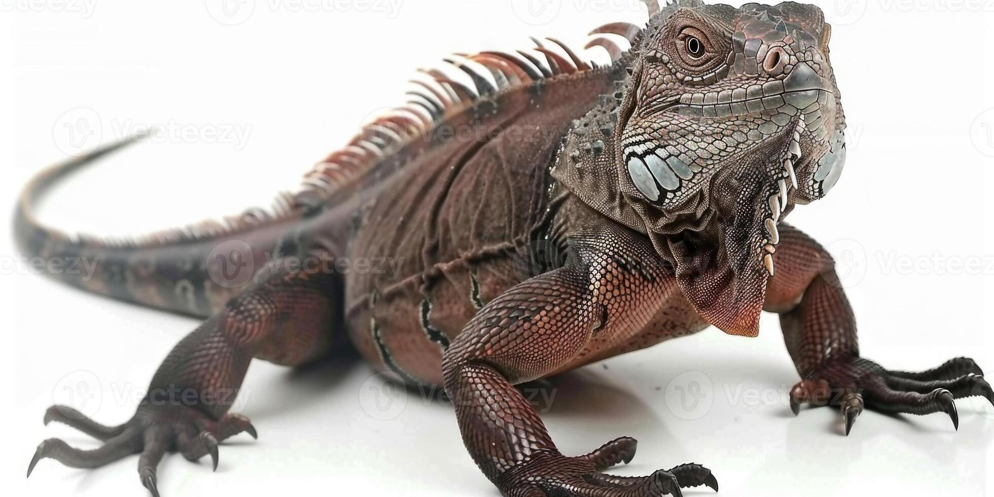 Jamaican Iguana displays its distinct rough scales while standing alert against a white backdrop. The even studio lighting highlights its features and textures. photo
