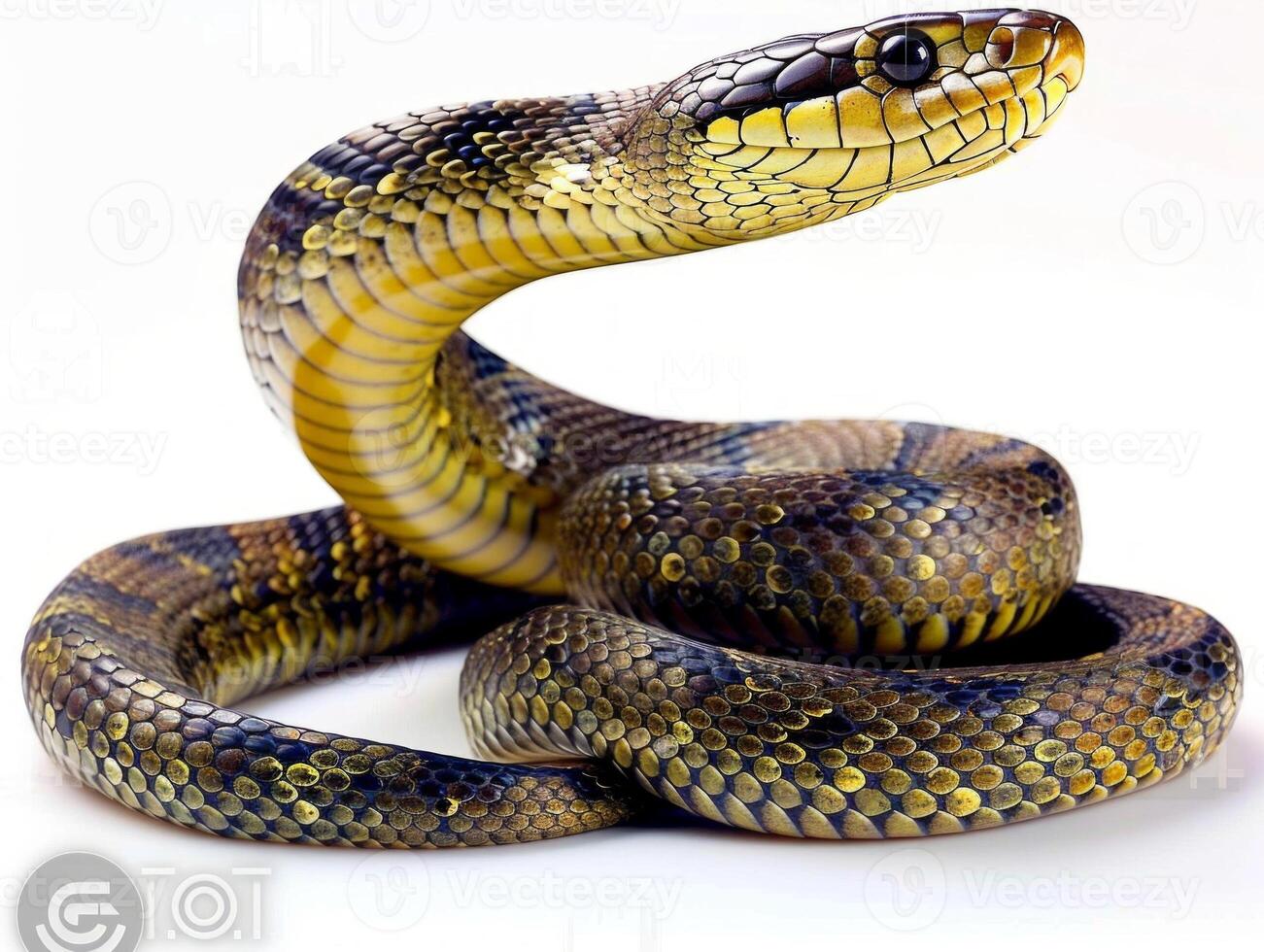 King Cobra is captured with its hood expanded showcasing vibrant scales against a pure white background illuminated dramatically from above. photo