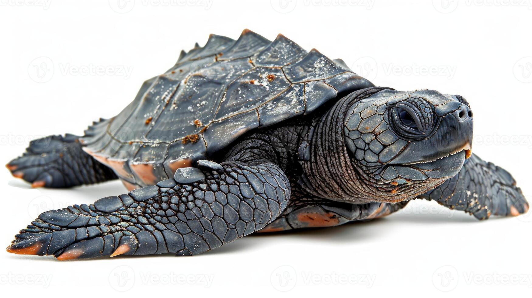 A small Leatherback hatchling makes its way across a clean white surface highlighting its distinctive shell patterns and texture under bright light. photo