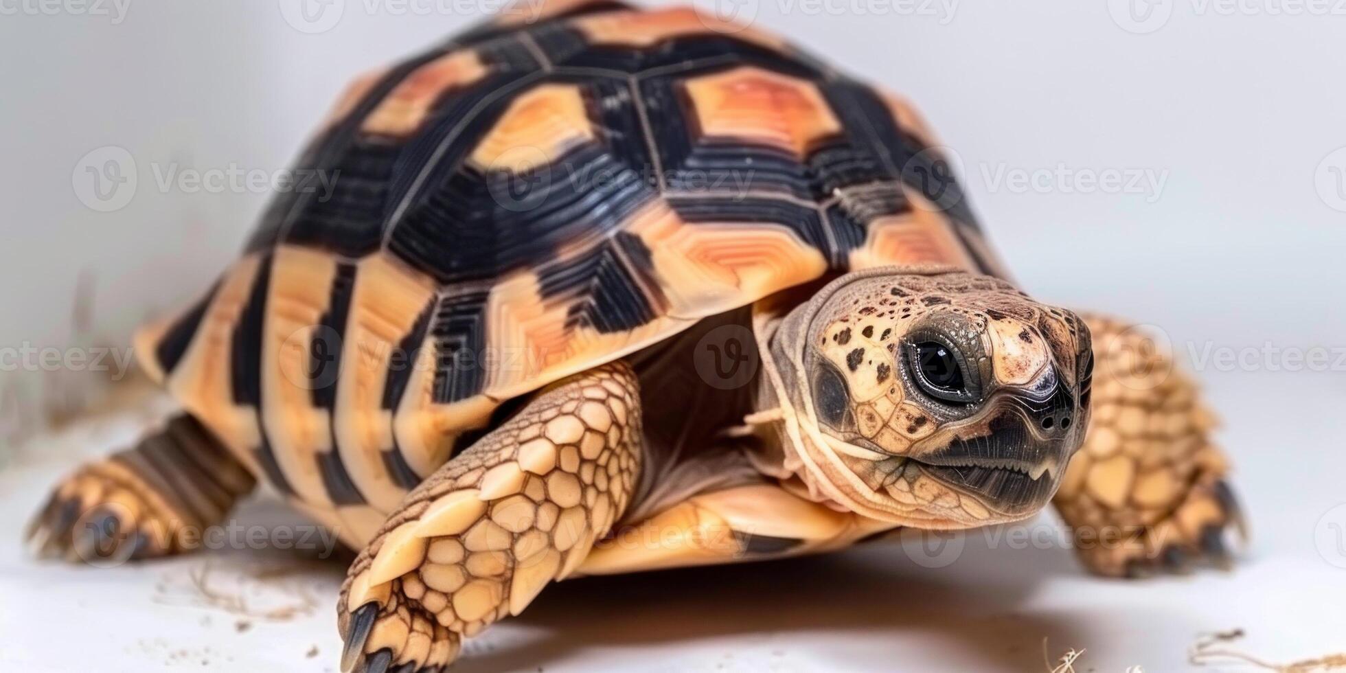 Leopard Tortoise showcases its unique spotted shell while standing in bright lighting against a clean white backdrop. The reptiles features are highlighted beautifully. photo