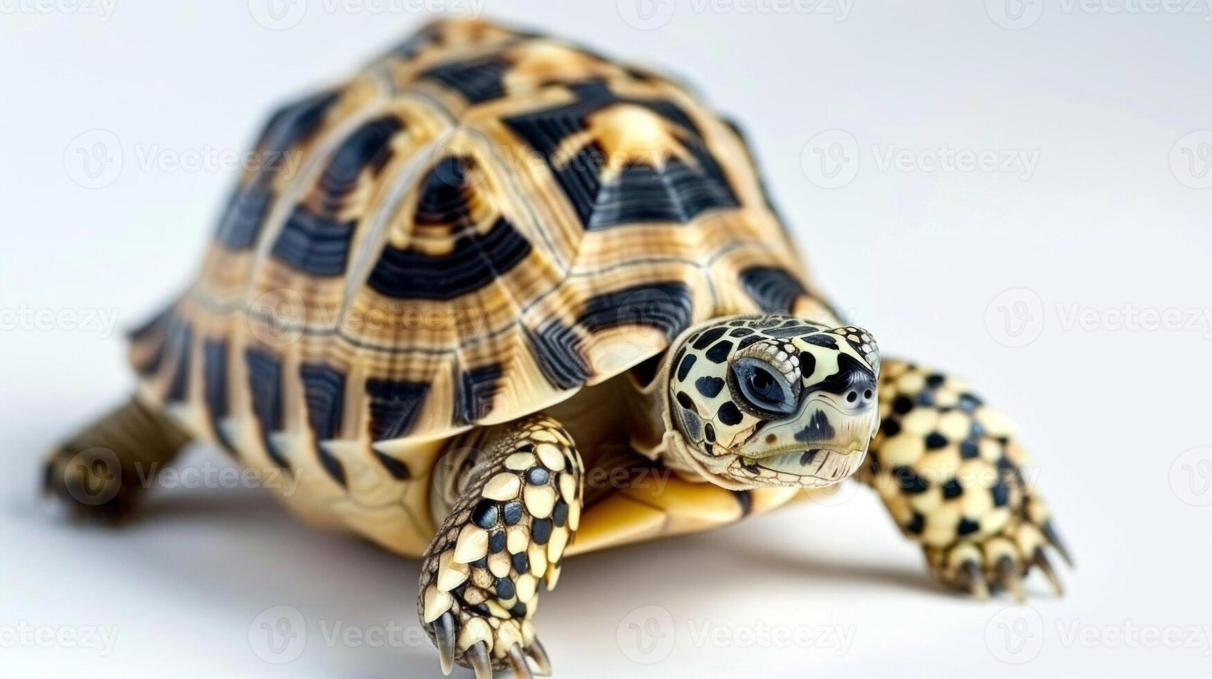 leopard tortoise is prominently displayed with its beautiful spotted shell against a white backdrop. The even lighting enhances the details of its shell and features. photo
