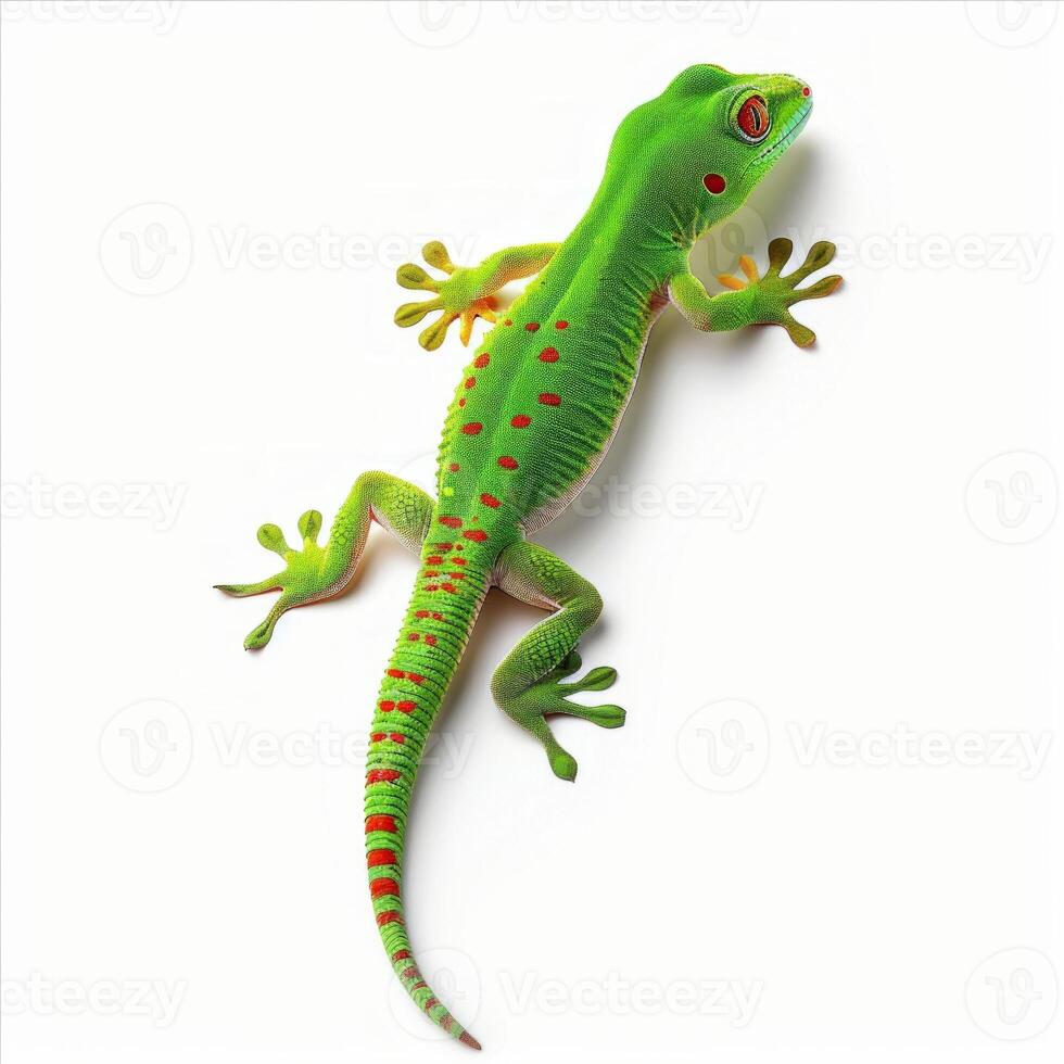 Madagascar Giant Day Gecko displays vibrant green skin accented with striking red markings while clinging to a surface isolated against a white background. photo
