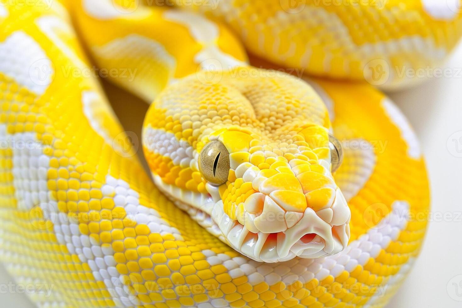 Madagascar Giant Hognose Snake displays its vibrant colors while coiled on a clean white surface highlighting its distinctive upturned snout and texture. photo