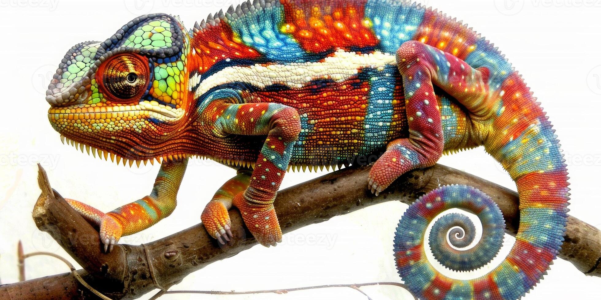 Madagascar giant chameleon clings to a branch showcasing its striking colors and intricate patterns. This unique reptile is isolated against a bright white backdrop. photo