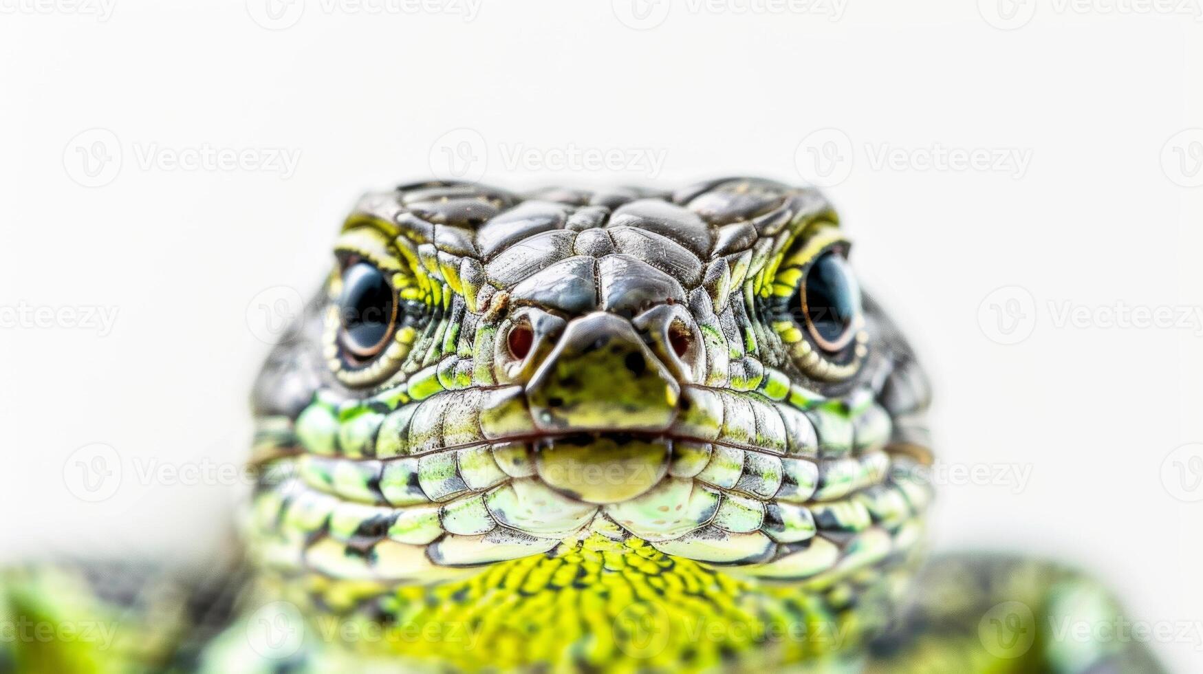 European Green Lizard displays its vibrant green scales while perched against a stark white background showcasing its unique textures and colors in excellent lighting conditions. photo
