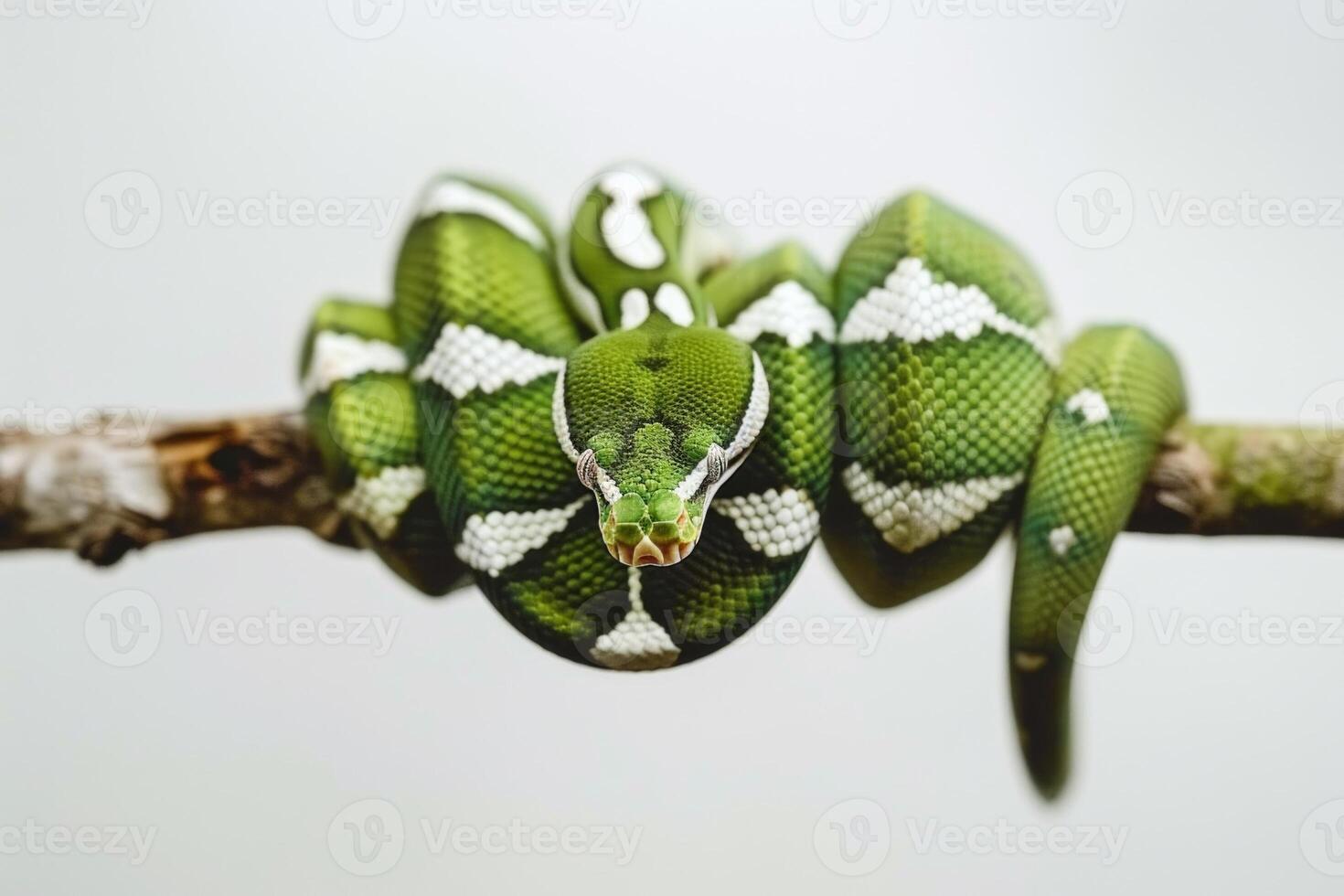 Emerald Tree Boa is coiled comfortably on a branch showcasing its striking bright green scales and distinctive white stripes in a high key setting. photo