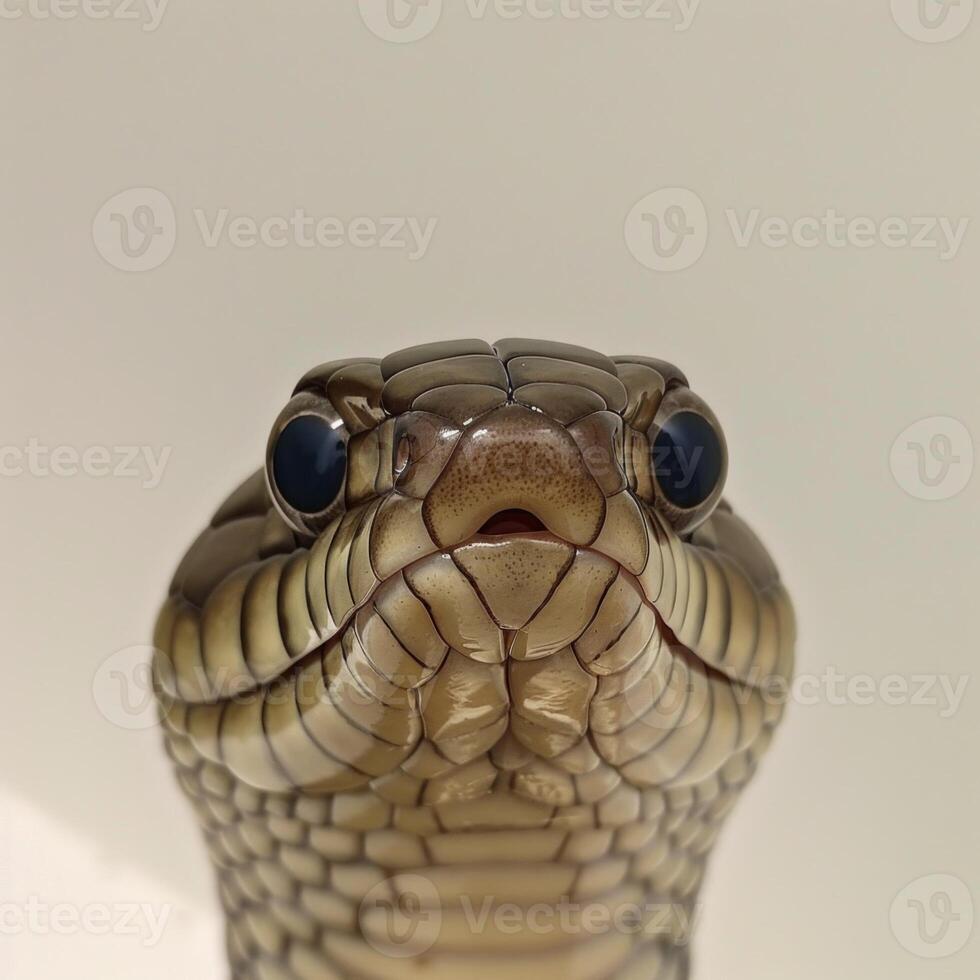 False Water Cobra is raised and poised hood partially expanded and displaying striking scale patterns isolated against a stark white background with dramatic lighting. photo