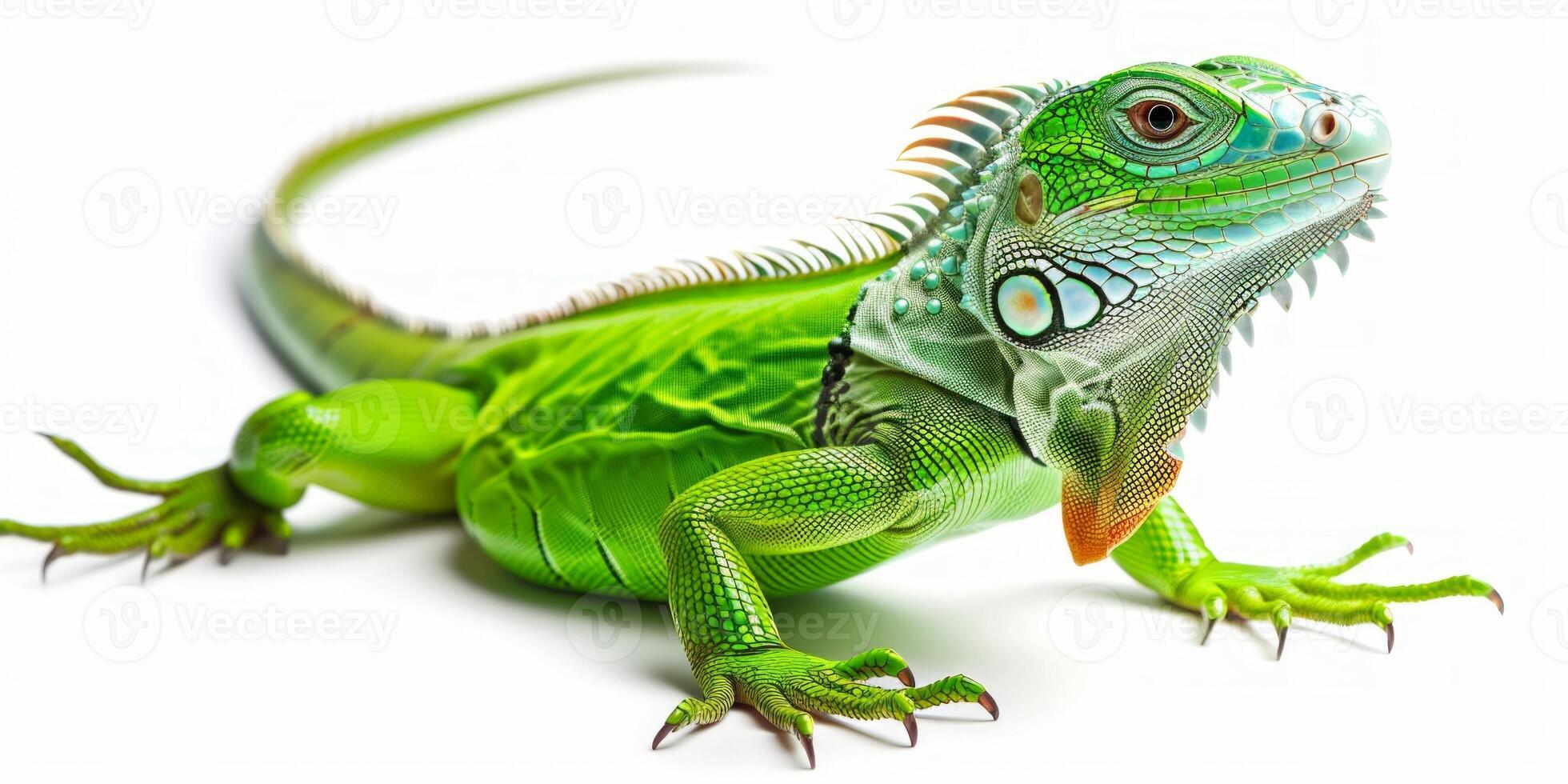 Fiji Banded Iguana displays its vibrant green skin and distinctive white bands while perched gracefully on a soft surface. The macro shot captures its intricate features and textures. photo