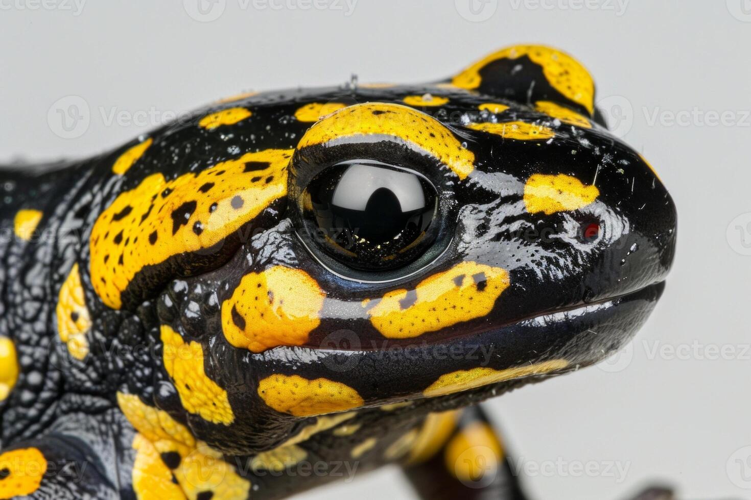 Fire Salamander showcases its vibrant black and yellow pattern as it crawls slowly across a bright white surface highlighting its unique features and textures. photo