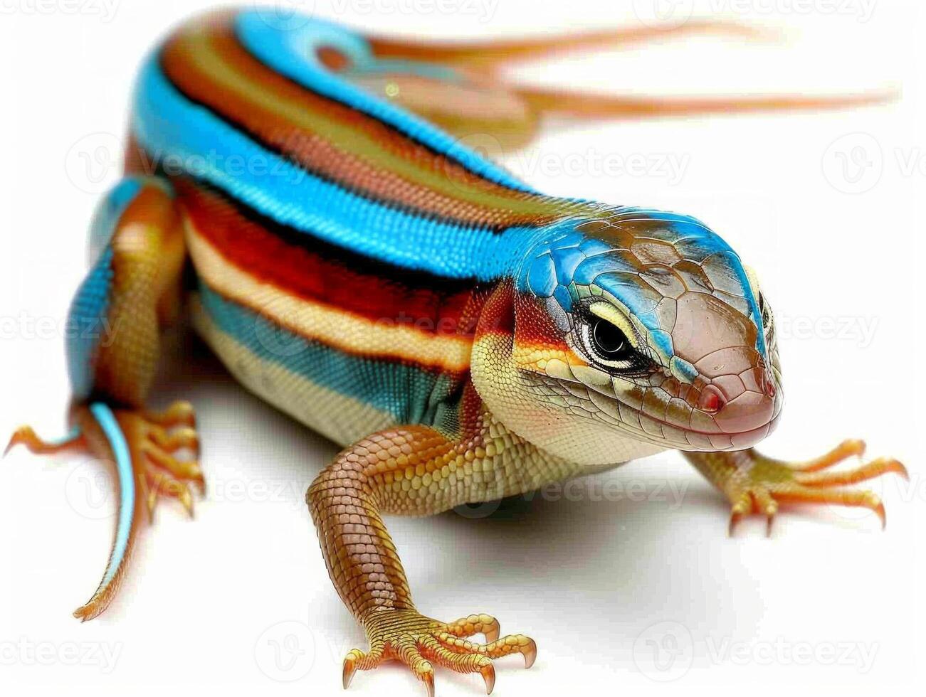 five lined skink showcases its vibrant blue tail while crawling across a clean white surface. The reptiles intricate patterns and details are emphasized in bright lighting. photo