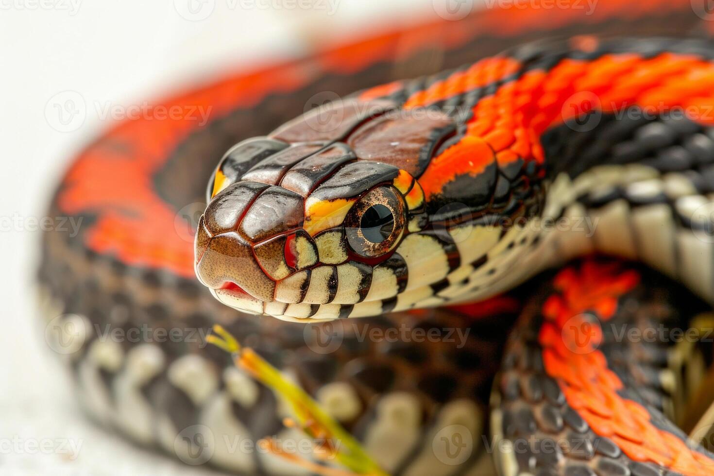 Garter Snake with striking stripes shown in motion elegantly slithering forward on pristine white surface highlighted by subtle soft shadows emphasizing its natural beauty. photo