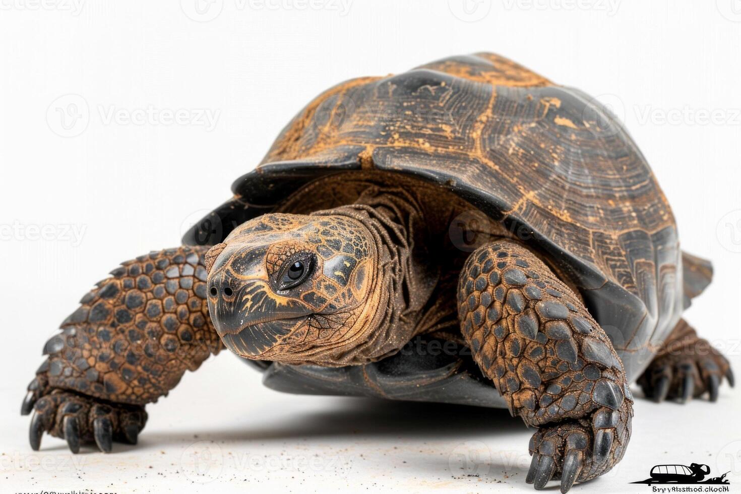 gopher tortoise moves confidently across a white surface showcasing its textured shell and distinctive features in a softly lit environment. photo