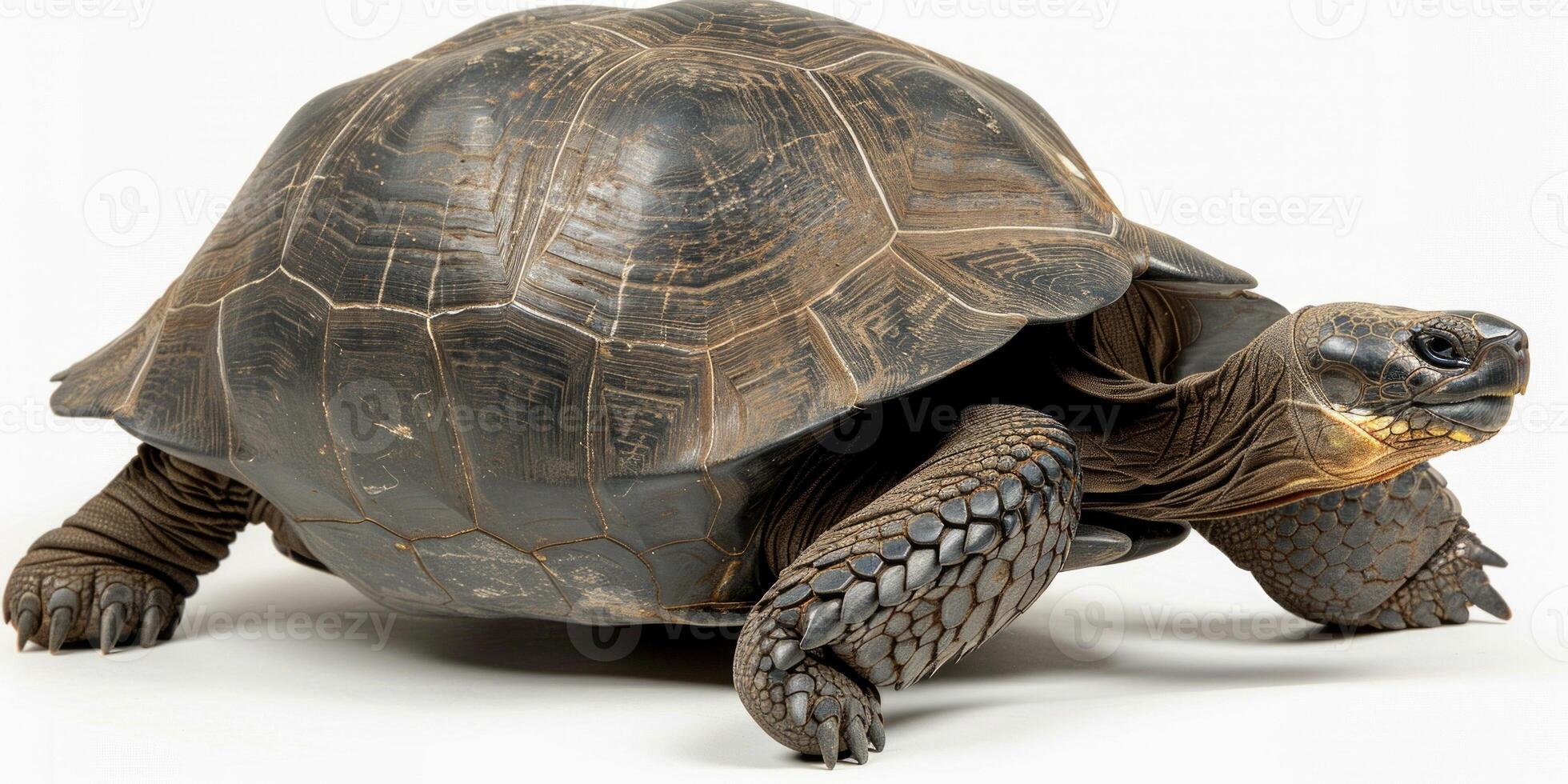 gopher tortoise moves forward with its rough shell prominently displayed against a clean white background showcasing its unique features and textures in soft lighting. photo