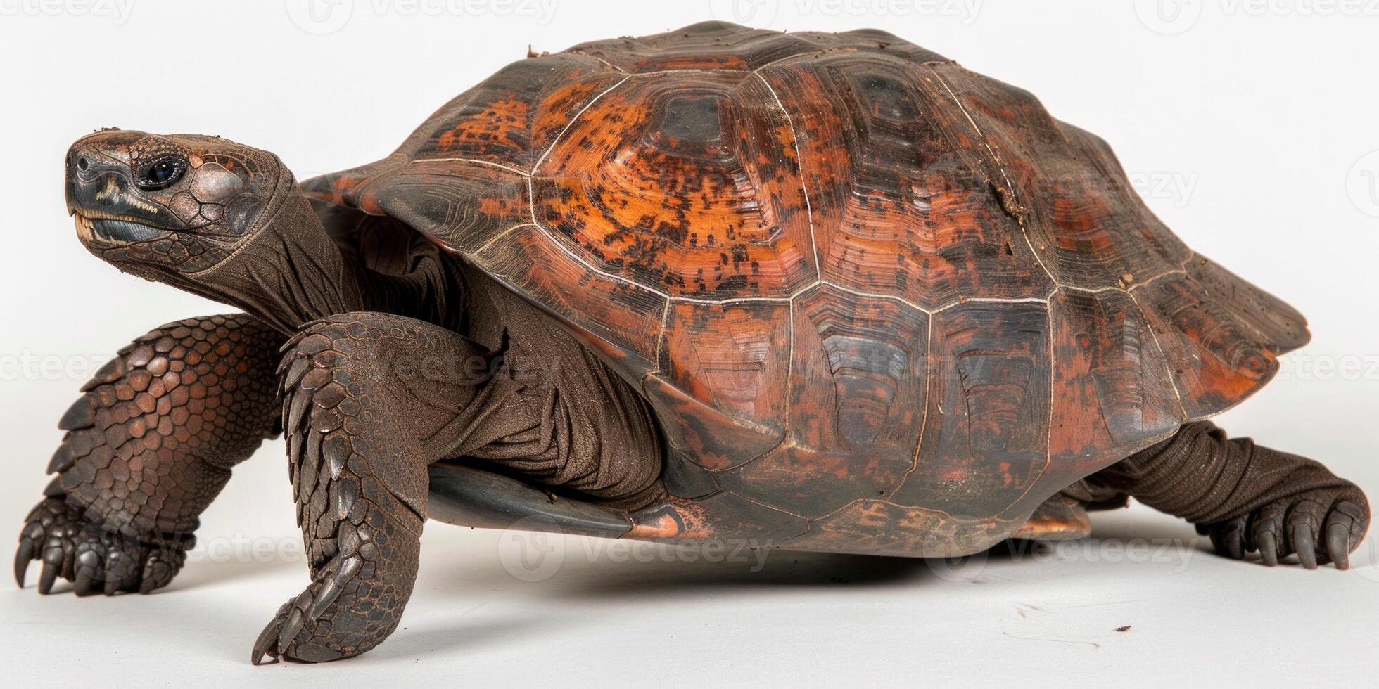 Gopher Tortoise is seen moving forward showcasing its rough textured shell and intricate patterns against a clean white background illuminated with soft lighting. photo