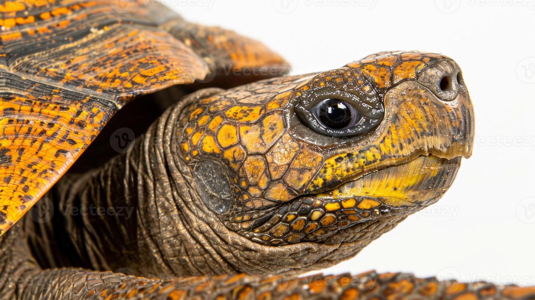 Gopher Tortoise moves forward displaying its distinctive rough shell and vibrant patterns against a smooth white backdrop. The soft lighting highlights its features. photo