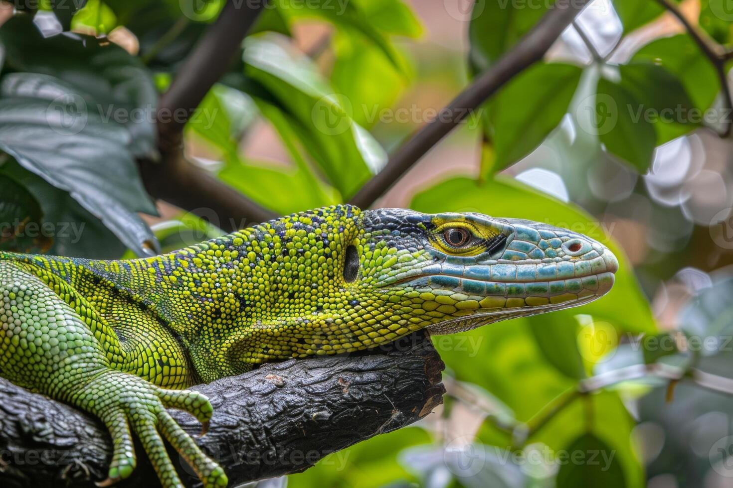 striking Green Tree Monitor lizard with vivid green scales perched on branch showcasing unique features in bright high key lighting against a clean white backdrop. photo