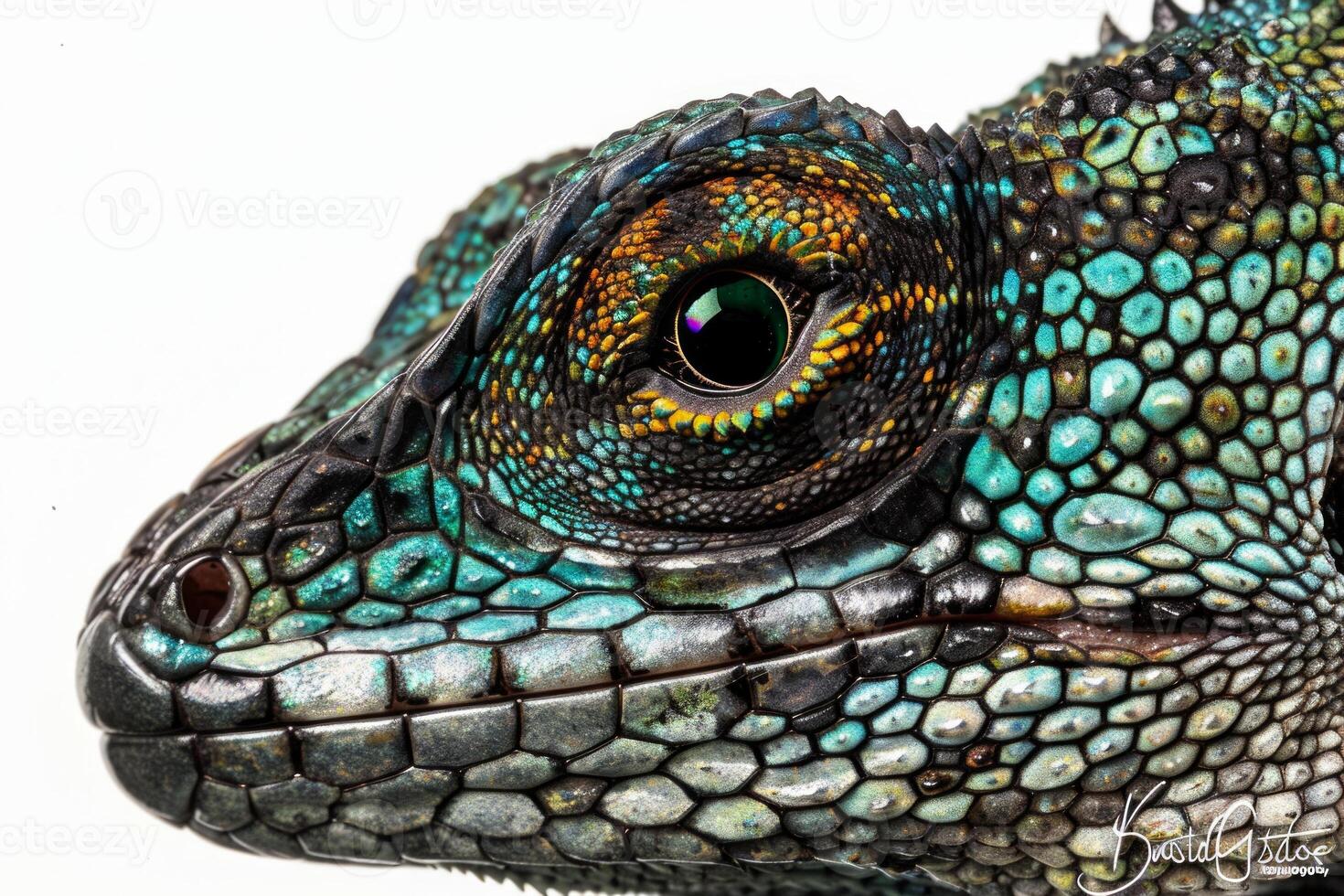 Knight Anole displays its vibrant green skin and unique scale patterns while perched against a soft white background emphasizing its detailed features. photo