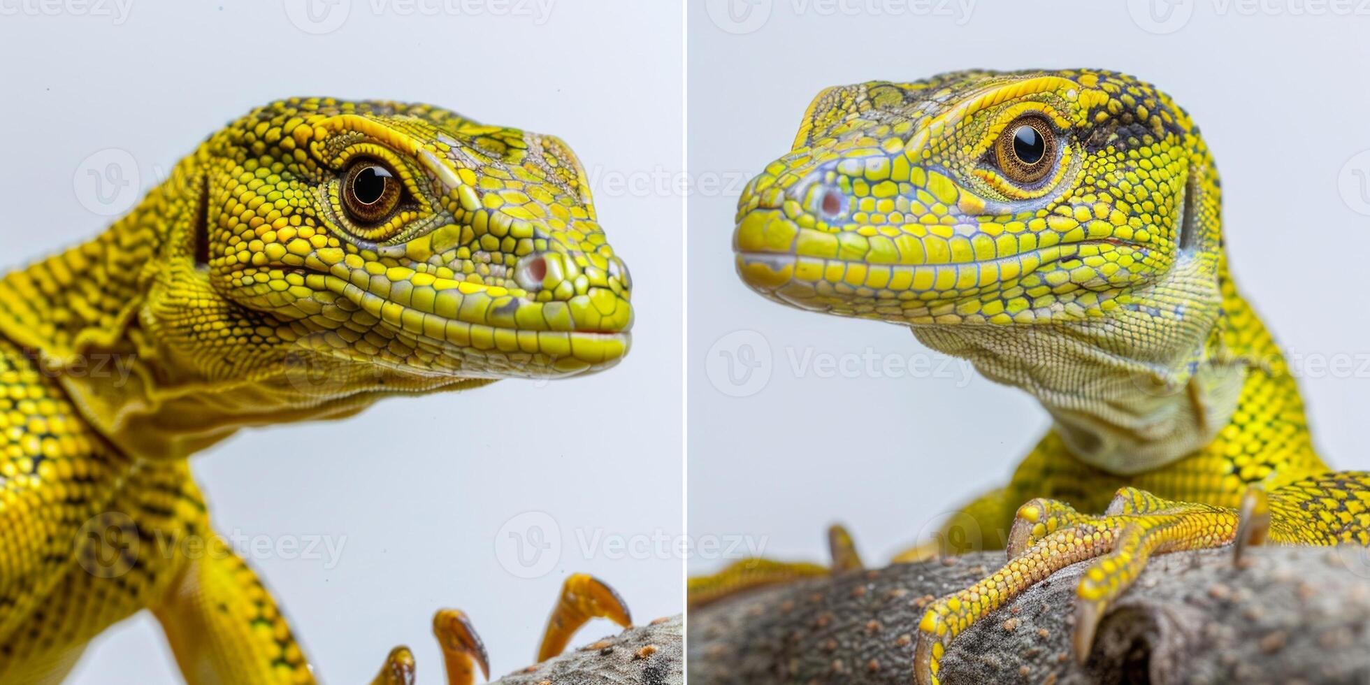 striking green tree monitor lizard known for its vivid scales rests on a branch. The high key lighting highlights its intricate patterns and details providing a captivating view. photo