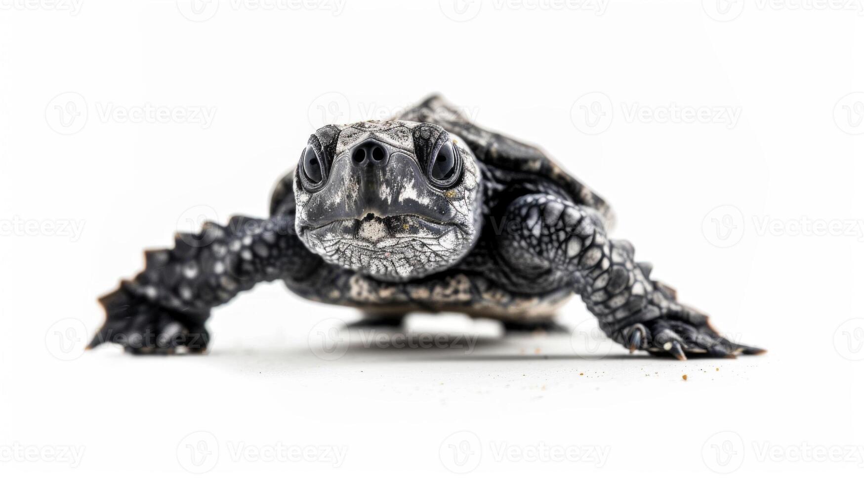 tiny Leatherback sea turtle hatchling is making its way across a bright white surface highlighted by soft lighting. Its unique patterns are clearly visible as it moves. photo