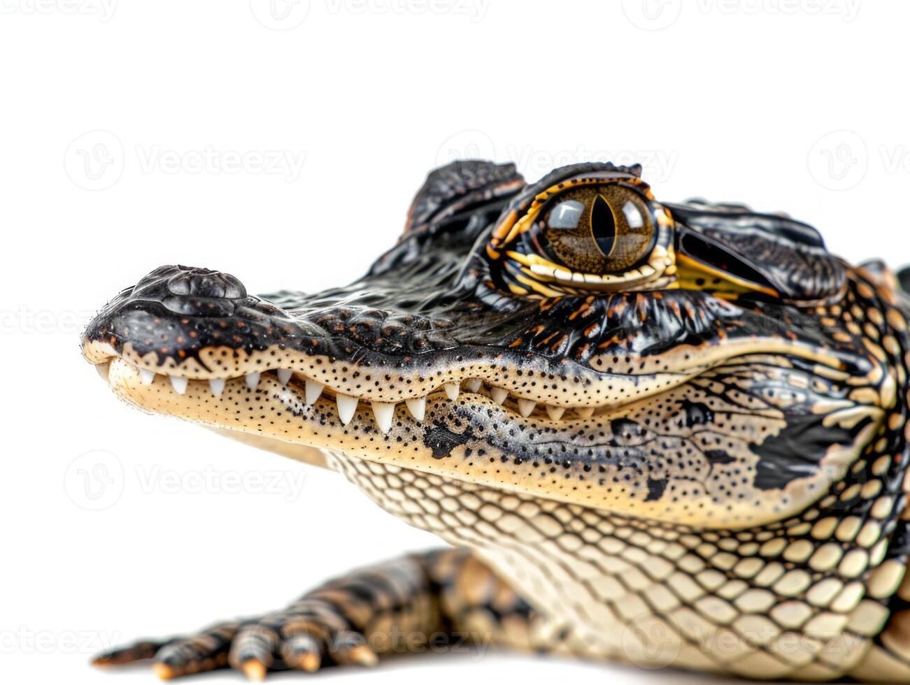 American Alligator lies comfortably on a white surface showcasing its rough skin and sharp teeth illuminated by dramatic side lighting for a striking visual effect. photo