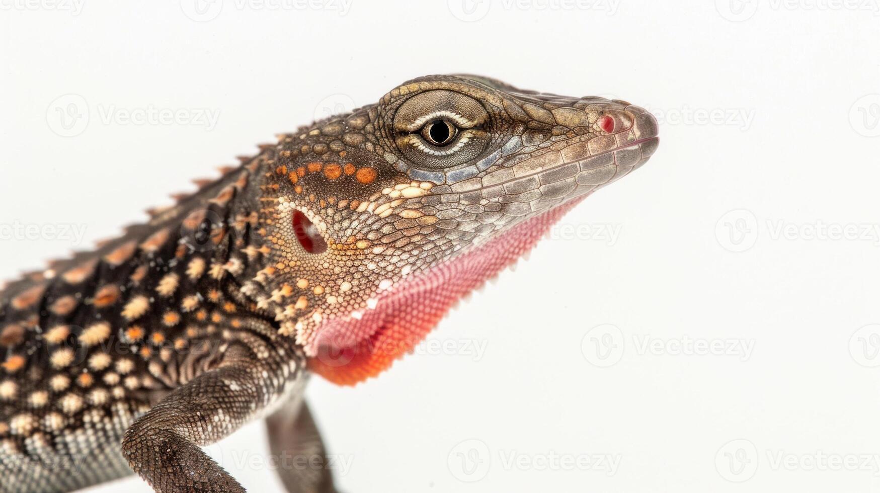 green anole lizard displays its colorful pink dewlap while perched on a white background. The image highlights the intricate details of its scales and features in bright lighting. photo