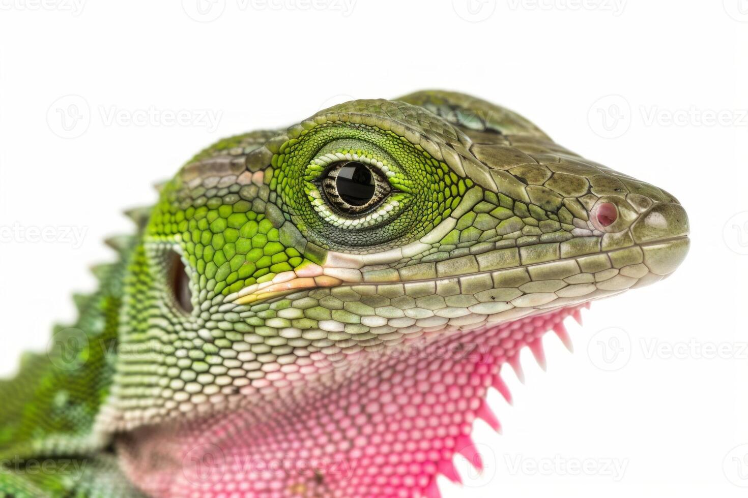vibrant green anole lizard shows off its extended pink dewlap while perched in isolation beautifully showcased against a stark white background. photo