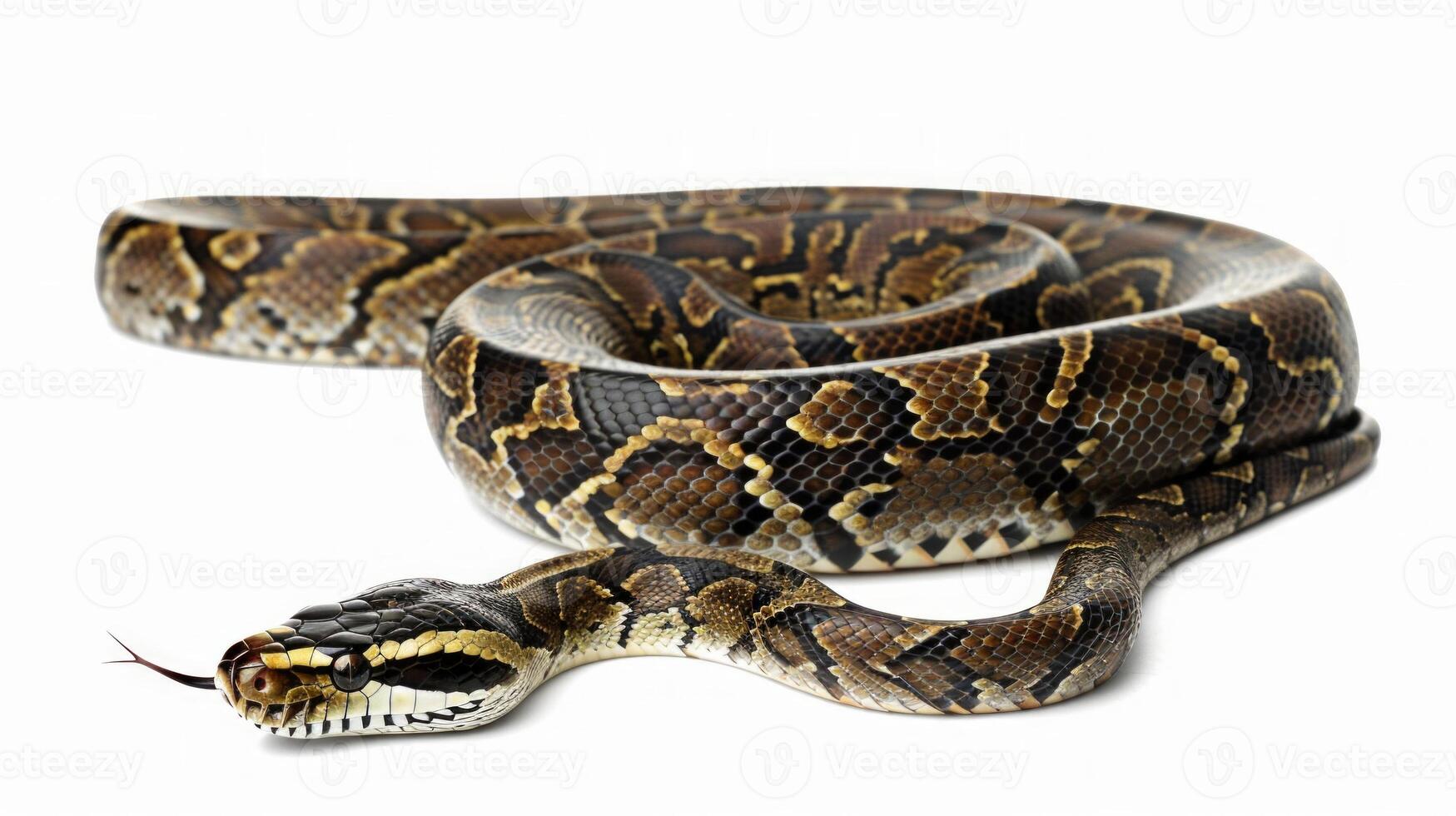 Ball Python is depicted in a curled position showcasing its smooth scales and stunning brown markings against a pure white background with soft illumination. photo