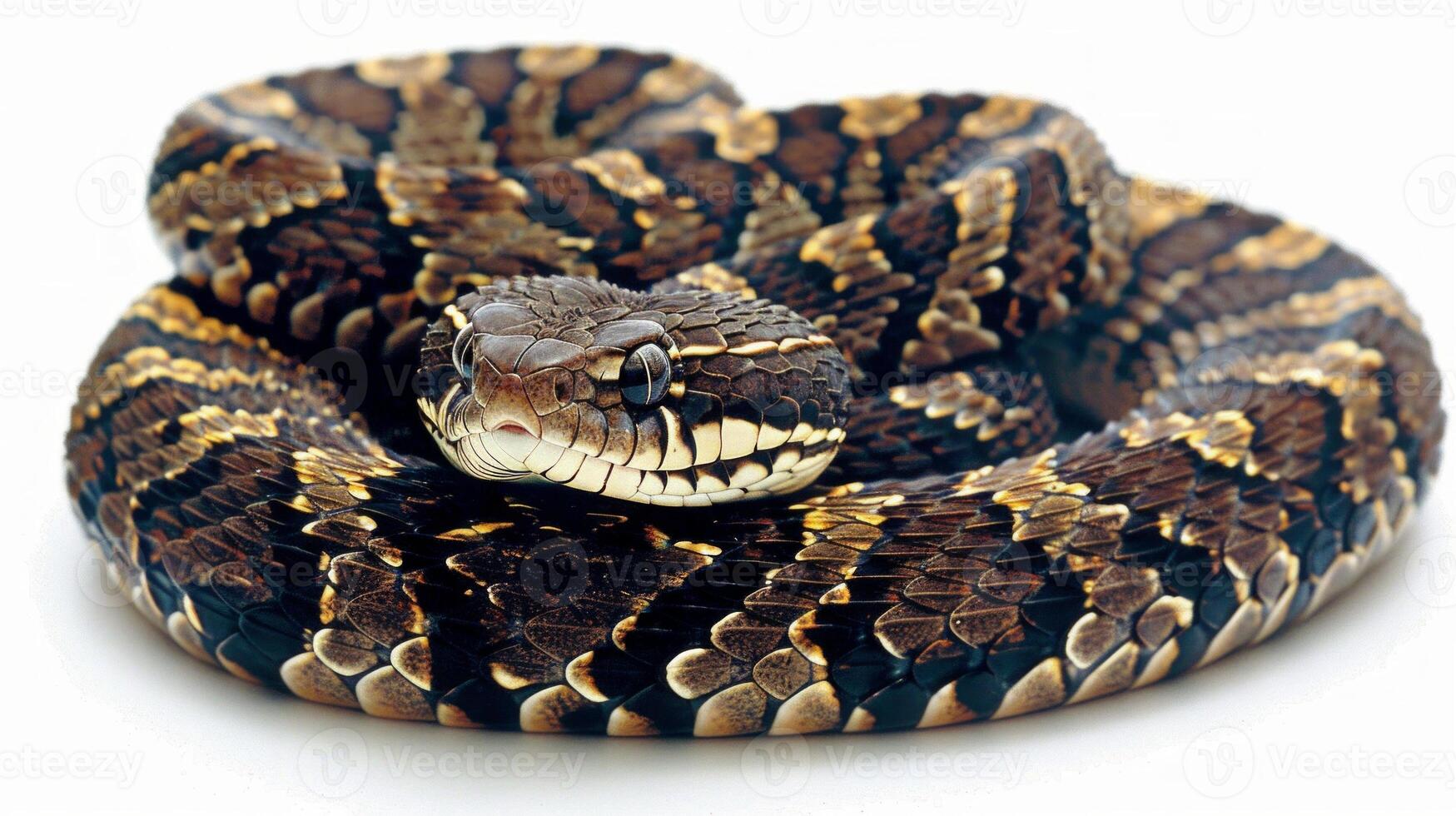 non venomous Banded Water Snake swims smoothly in a bright white space highlighting its unique banded patterns against the clean backdrop. The focus emphasizes its natural beauty. photo