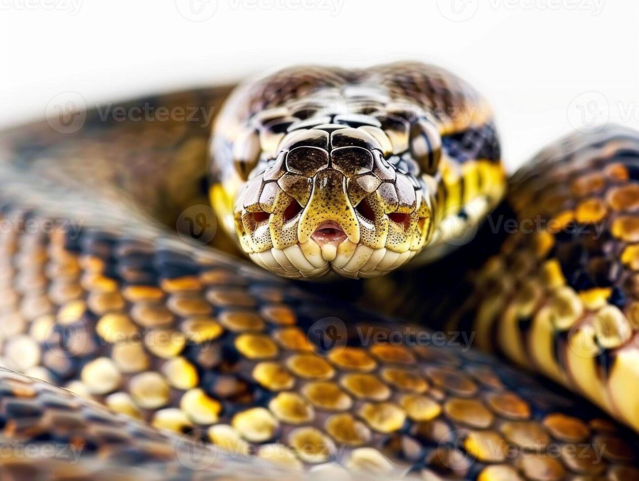 A Black headed Python is coiled with its dark head and striking patterns visible against a white background. The even lighting highlights its vibrant colors and textures. photo