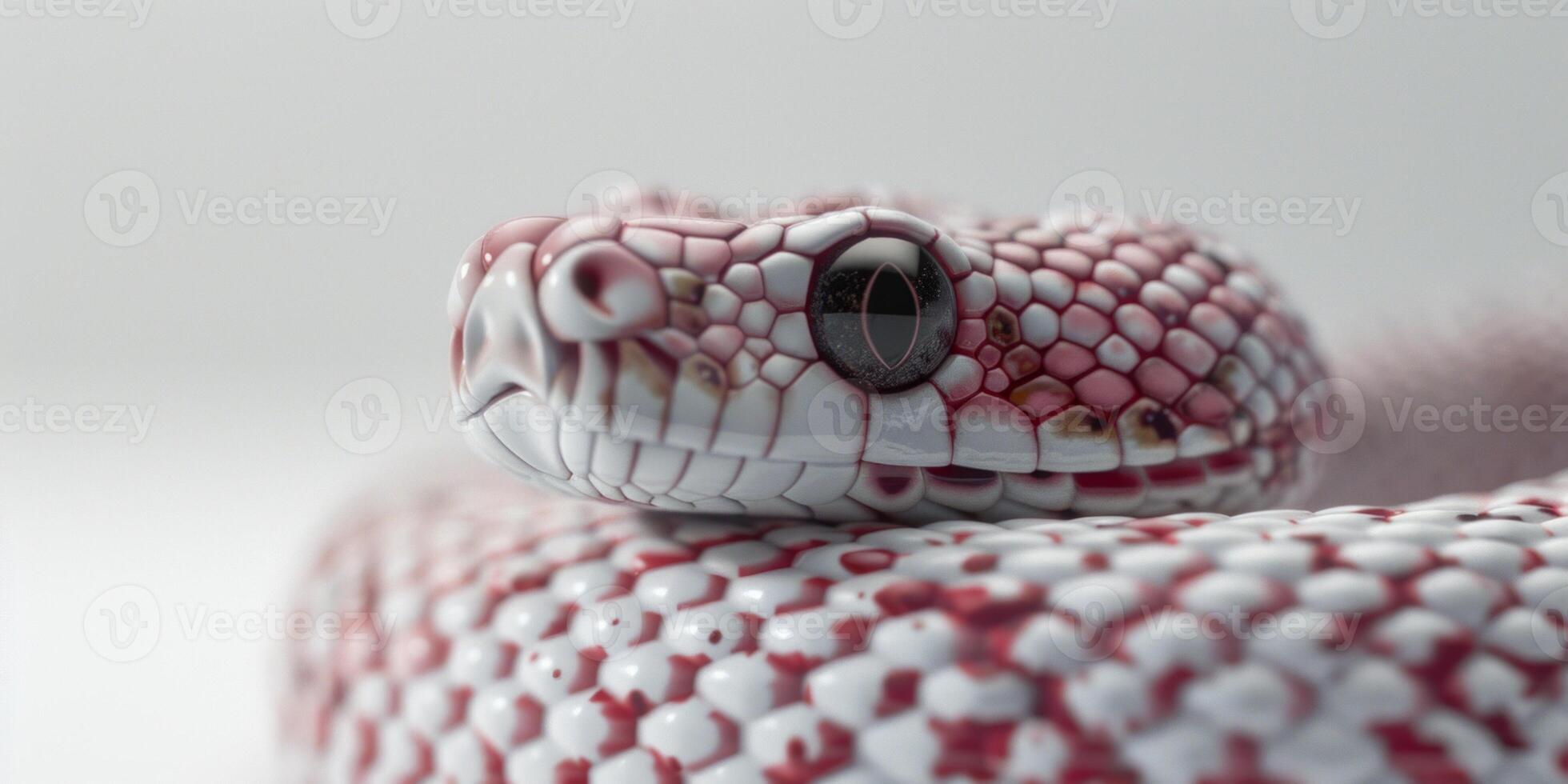 Black headed Python is elegantly coiled on a white surface highlighting its striking dark head and beautifully patterned body. The even lighting enhances its features. photo