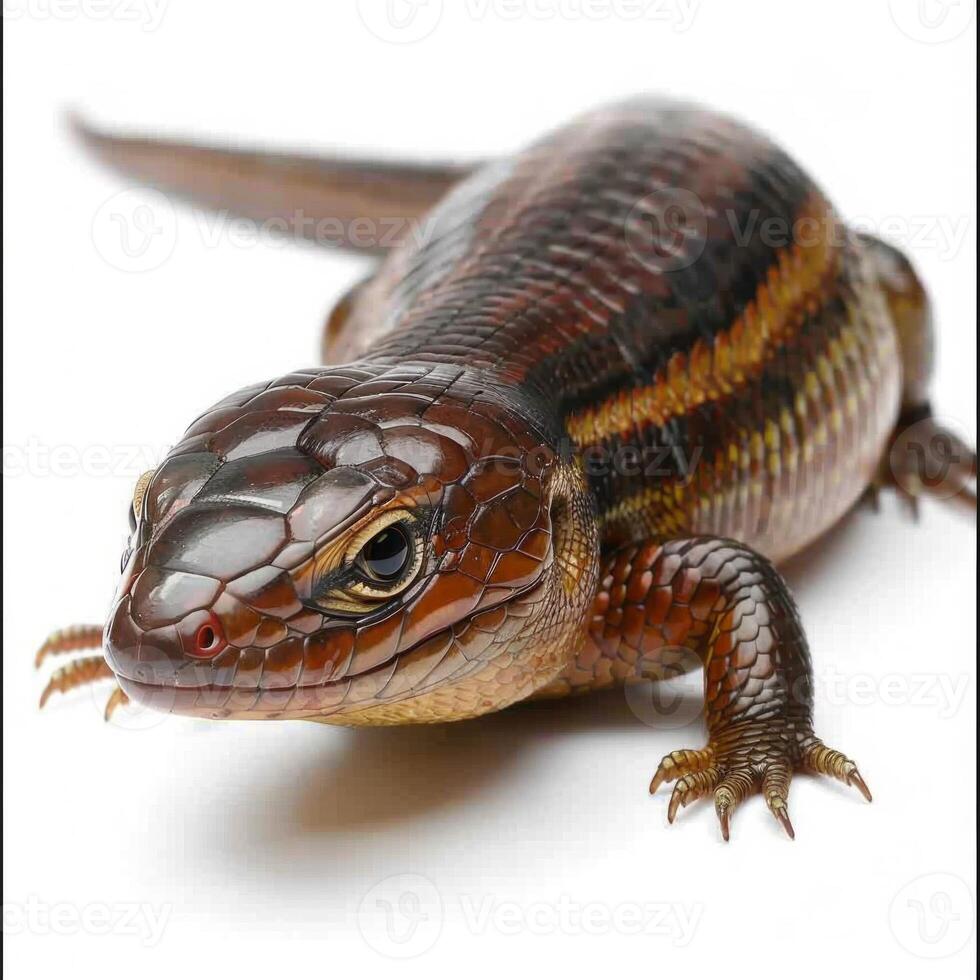 Black lined Plated Lizard basking in soft light highlighting unique armored scales and vibrant colors against a clean white backdrop creating a stunning visual. photo