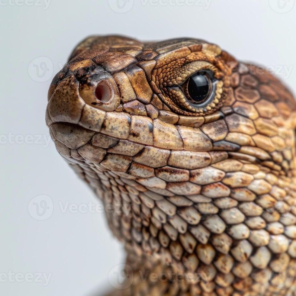 Black lined Plated Lizard basks comfortably highlighting its intricate scales. The soft lighting enhances its unique textures against a clear white backdrop. photo