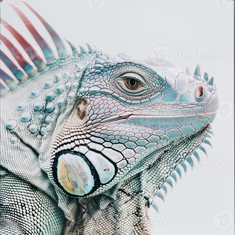 Blue Iguana with its striking blue scales stands alert against a white backdrop. photo