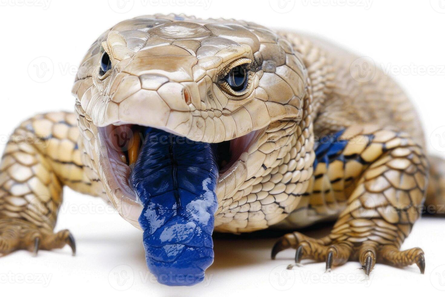 Blue tongued Skink moving forward with its striking blue tongue displayed showcasing its texture and colors against a pure white background in bright lighting. photo