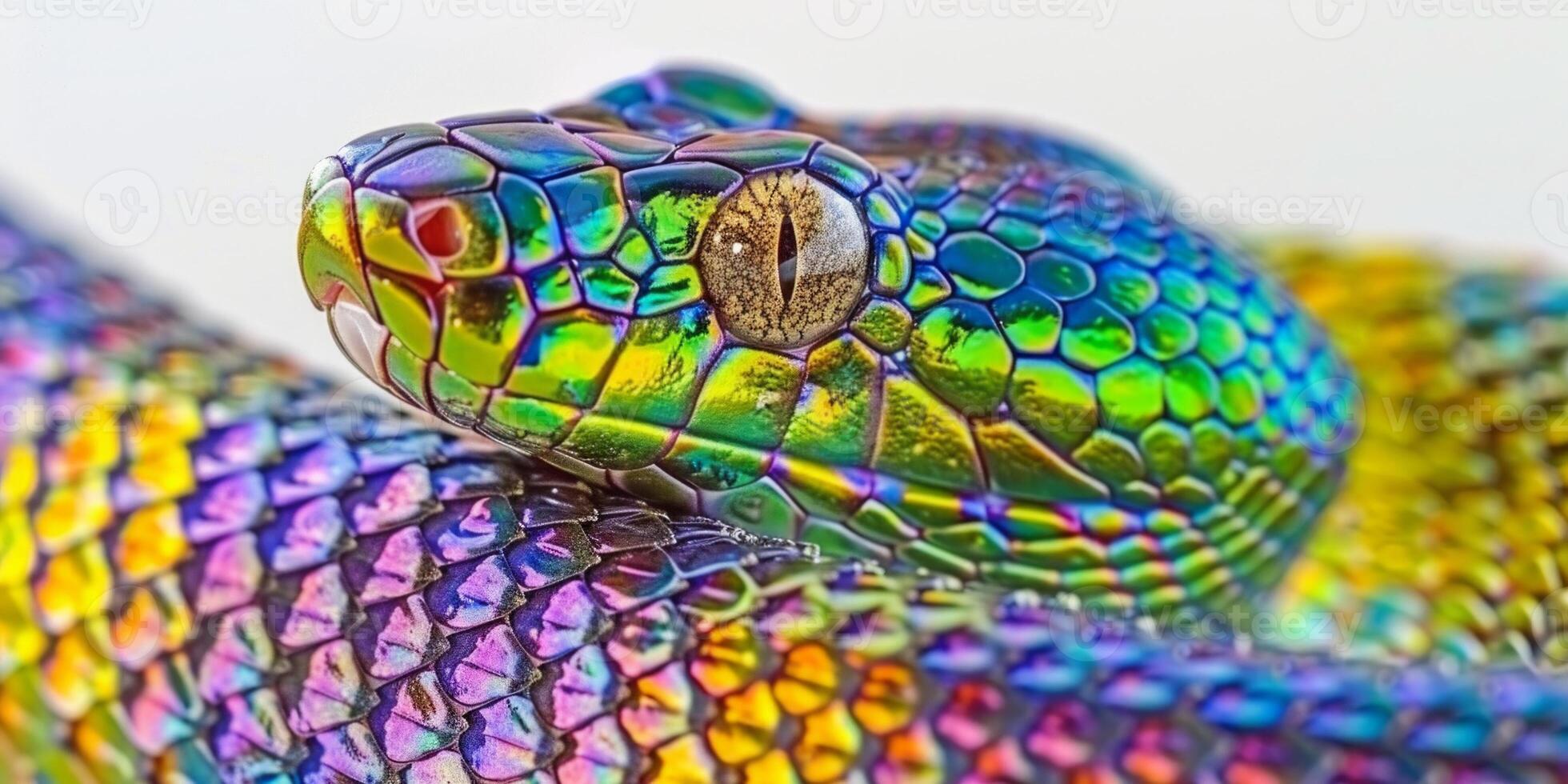 Brazilian Rainbow Boa rests gracefully displaying its stunning iridescent scales. The detailed texture and colors shimmer softly under natural light emphasizing its beauty. photo