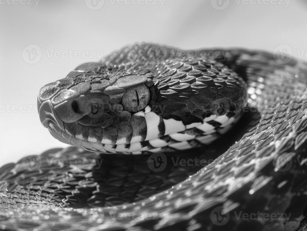 snake is elegantly coiled showcasing its distinctive reddish brown scales. This unique reptile stands out against a clean white backdrop highlighting its features. photo
