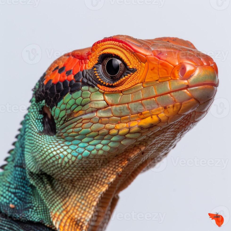 striking Caiman Lizard showcases vivid red head and green body while perched against a soft white backdrop illuminated by gentle lighting to highlight its features. photo