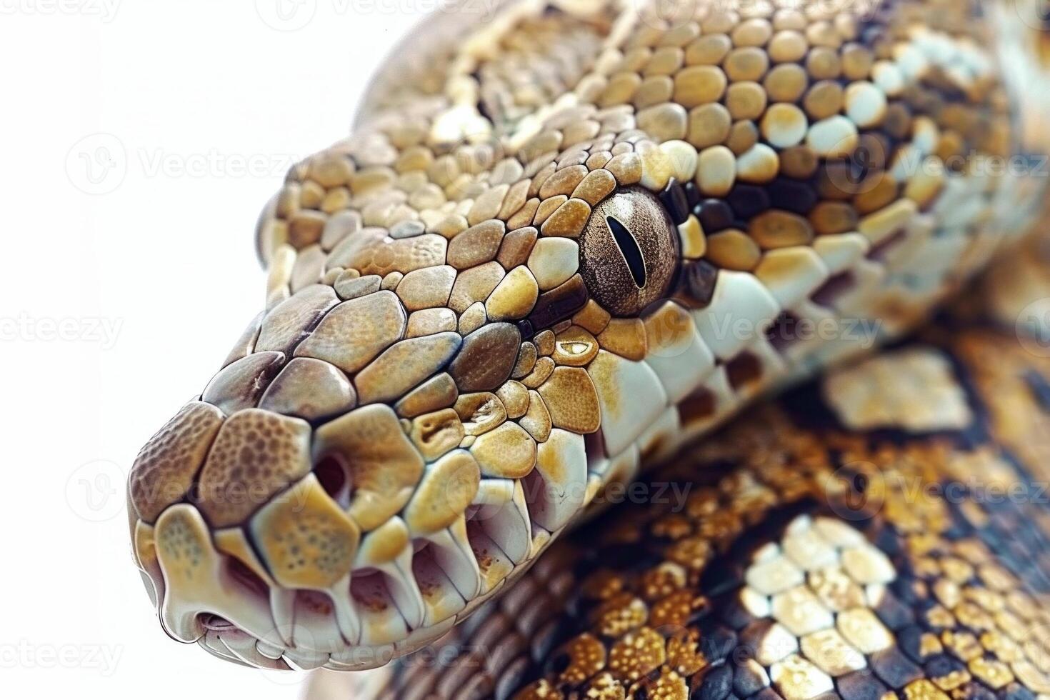 Carpet Python displays its intricate patterns as it rests in a coiled position against a soft white backdrop highlighting its unique features and textures. photo