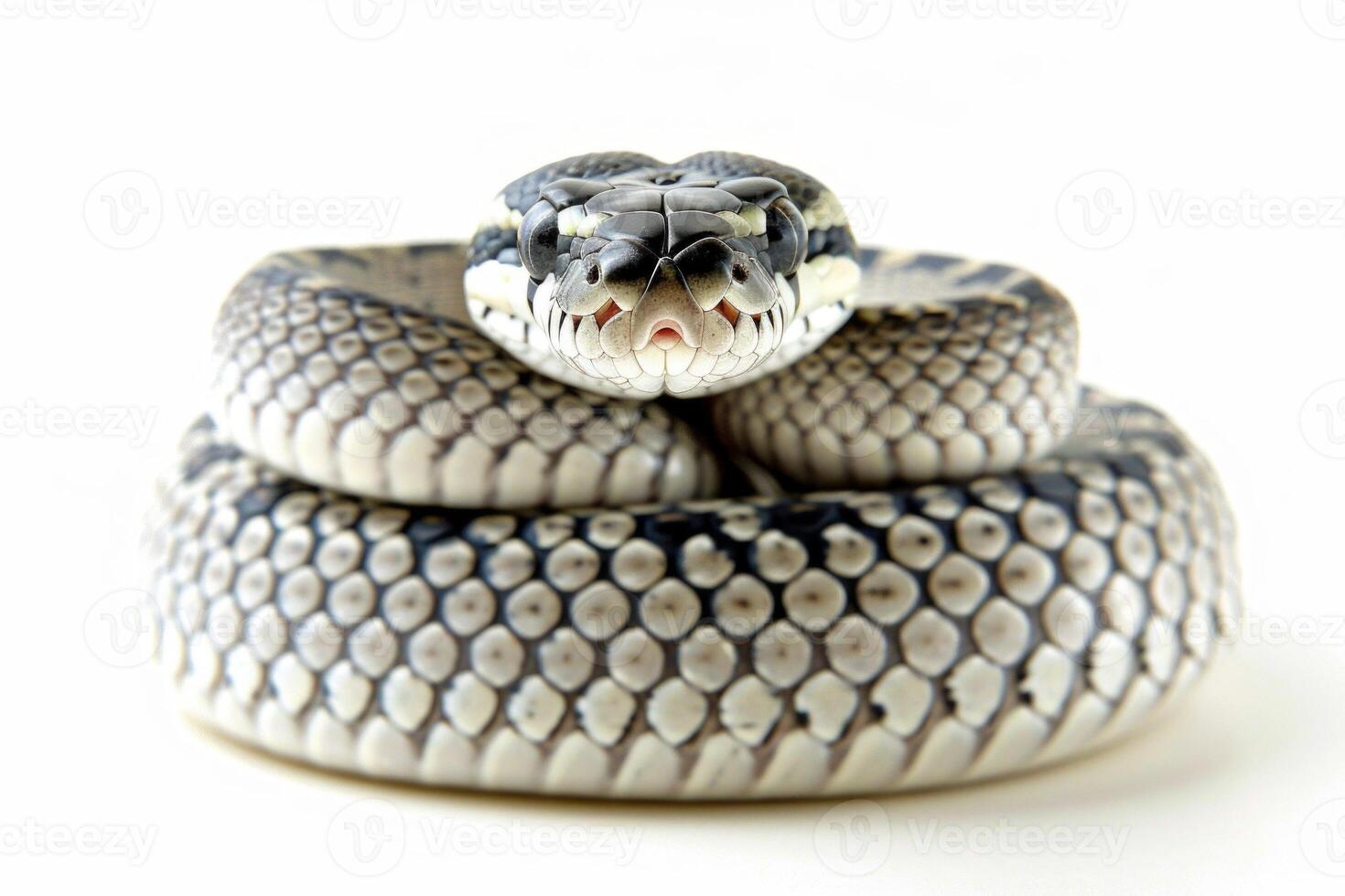 Carpet Python showcases its striking patterns while coiled in a relaxed position. The soft lighting highlights its scales against the clean white background. photo