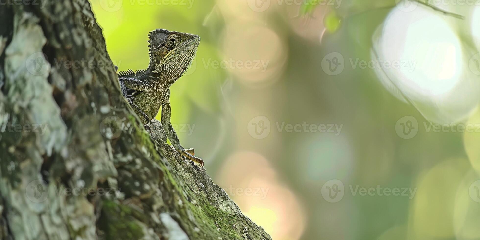 striking lizard displays its unique spiny crest while resting on a branch in a serene environment. Soft lighting enhances its vivid colors and details. photo