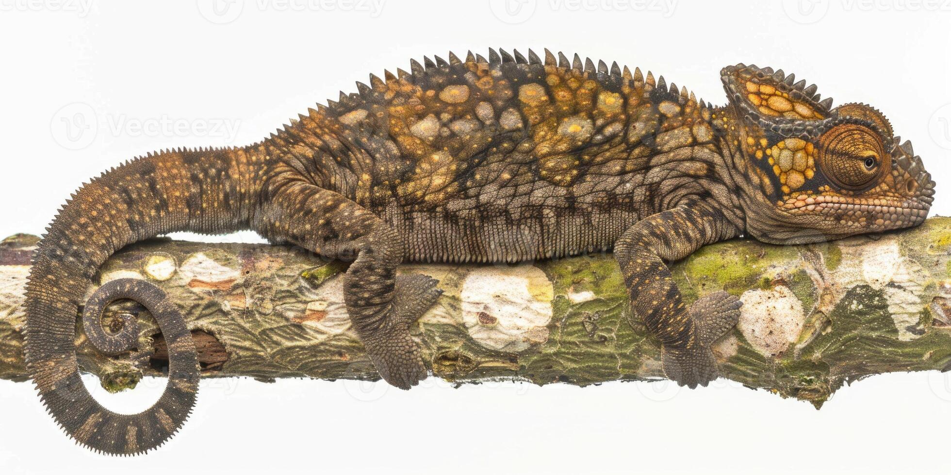 Chameleon Forest Dragon lounges comfortably on branch showcasing unique spiny crest and vibrant coloration against a soft white backdrop highlighting its intricate details and textures. photo