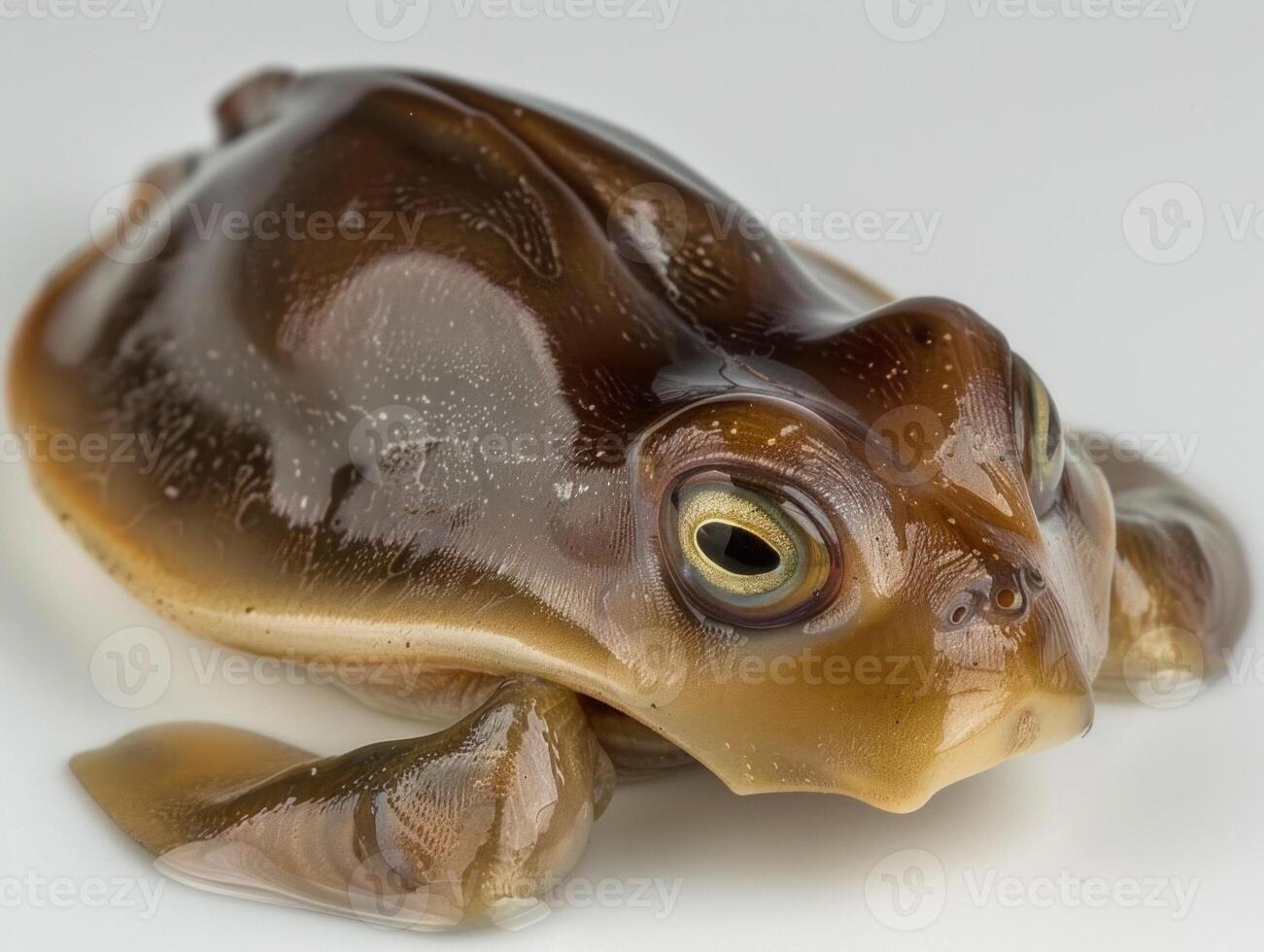 Chinese Softshell Turtle lies calmly on a white surface highlighting its distinct leathery shell and smooth skin. The setting emphasizes its natural beauty and details. photo