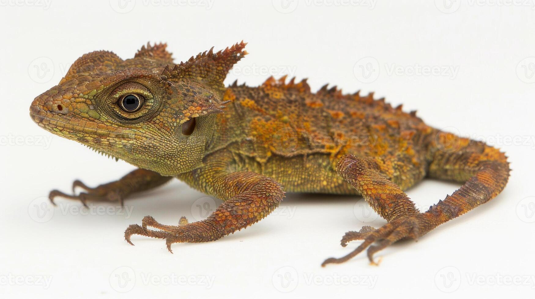 Common Basilisk lizard also known as the Jesus Lizard is seen poised to run across a white background. This captures its remarkable agility and distinctive appearance in detail. photo