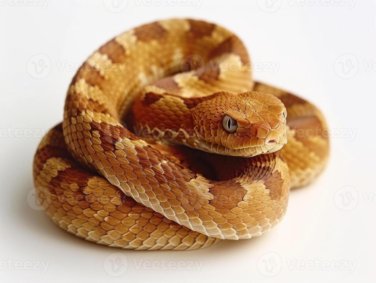 Copperhead Snake is coiled elegantly highlighting its distinct copper colored scales. It is isolated against a white backdrop with dramatic side lighting enhancing its features. photo