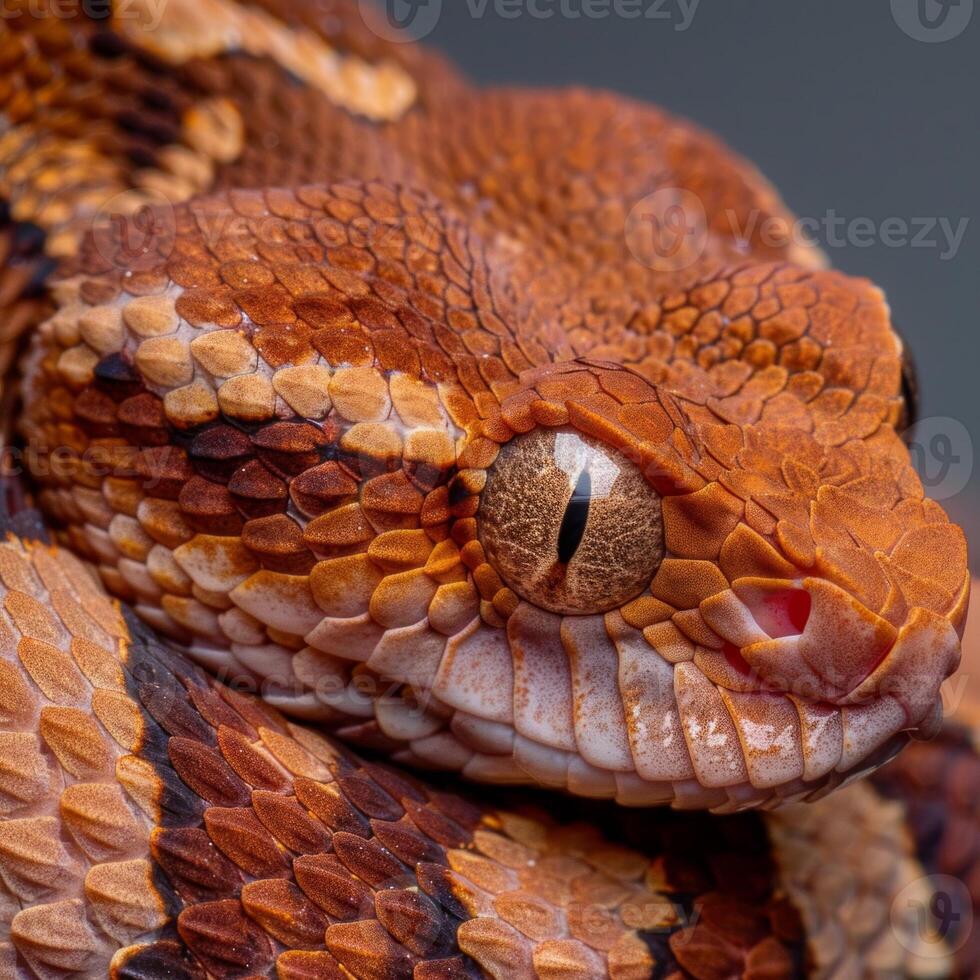 captivating Copperhead Snake adorned with rich copper colored scales is elegantly coiled and highlighted against a pristine white backdrop emphasizing its unique features. photo