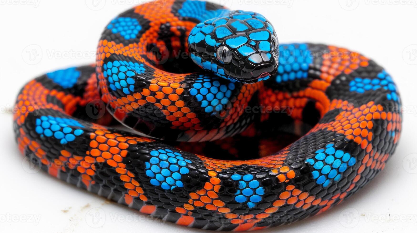 Coral bellied Ringneck Snake displays its striking bright underside while coiled in a relaxed position against a clean white backdrop showcasing its vibrant colors. photo