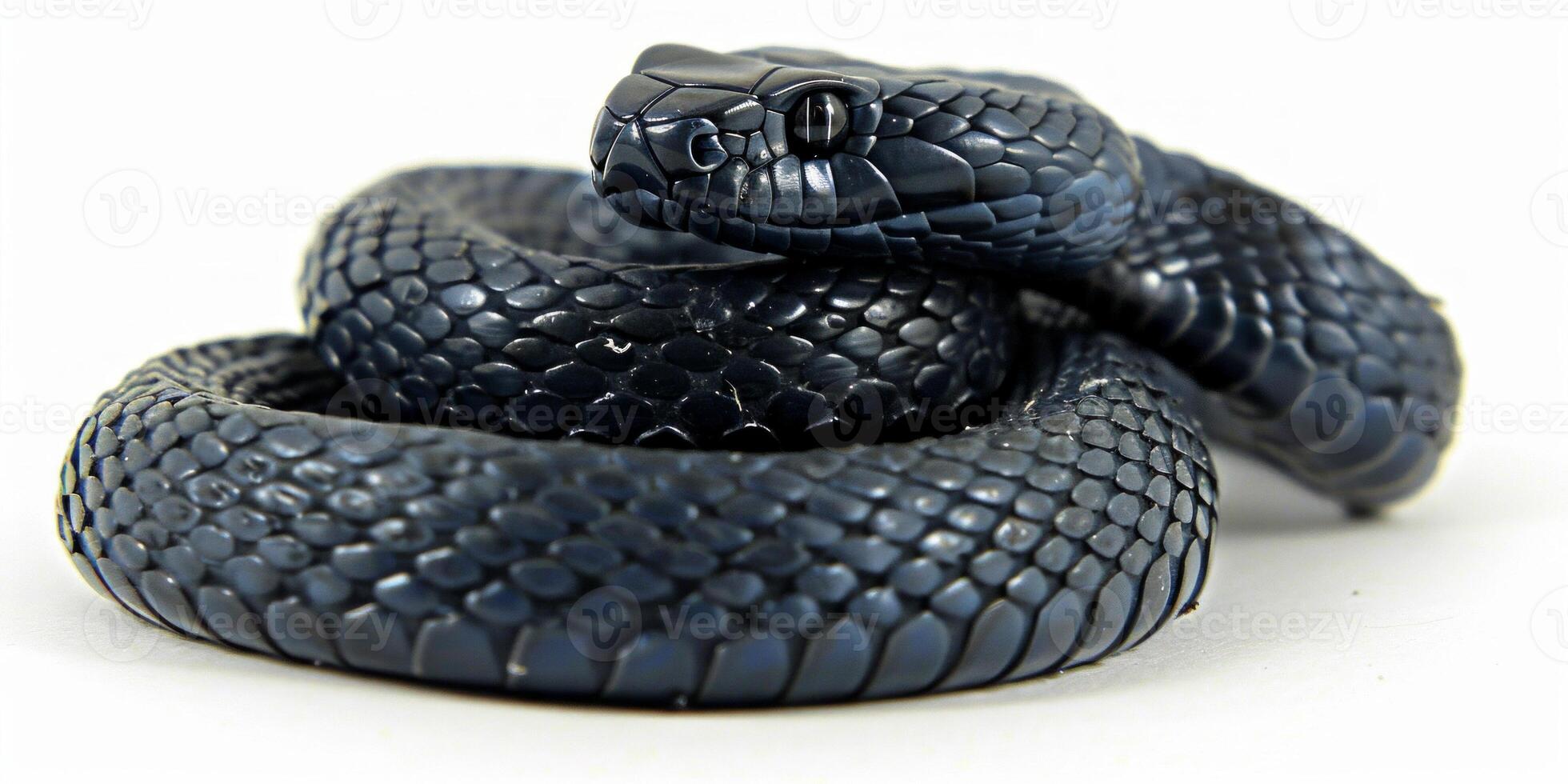 The Cottonmouth Snake a venomous reptile is coiled and poised with captivating dark scales against a white backdrop highlighted by dramatic side lighting. photo