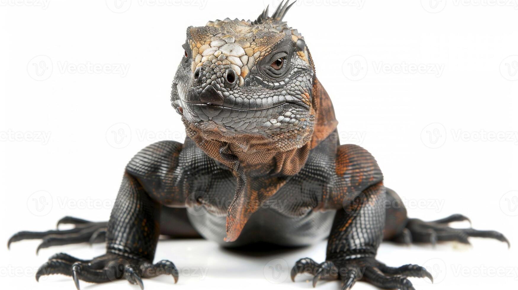 Cuban Rock Iguana stands attentively its textured skin and prominent crest clearly visible against a stark white backdrop highlighted by professional studio lighting. photo