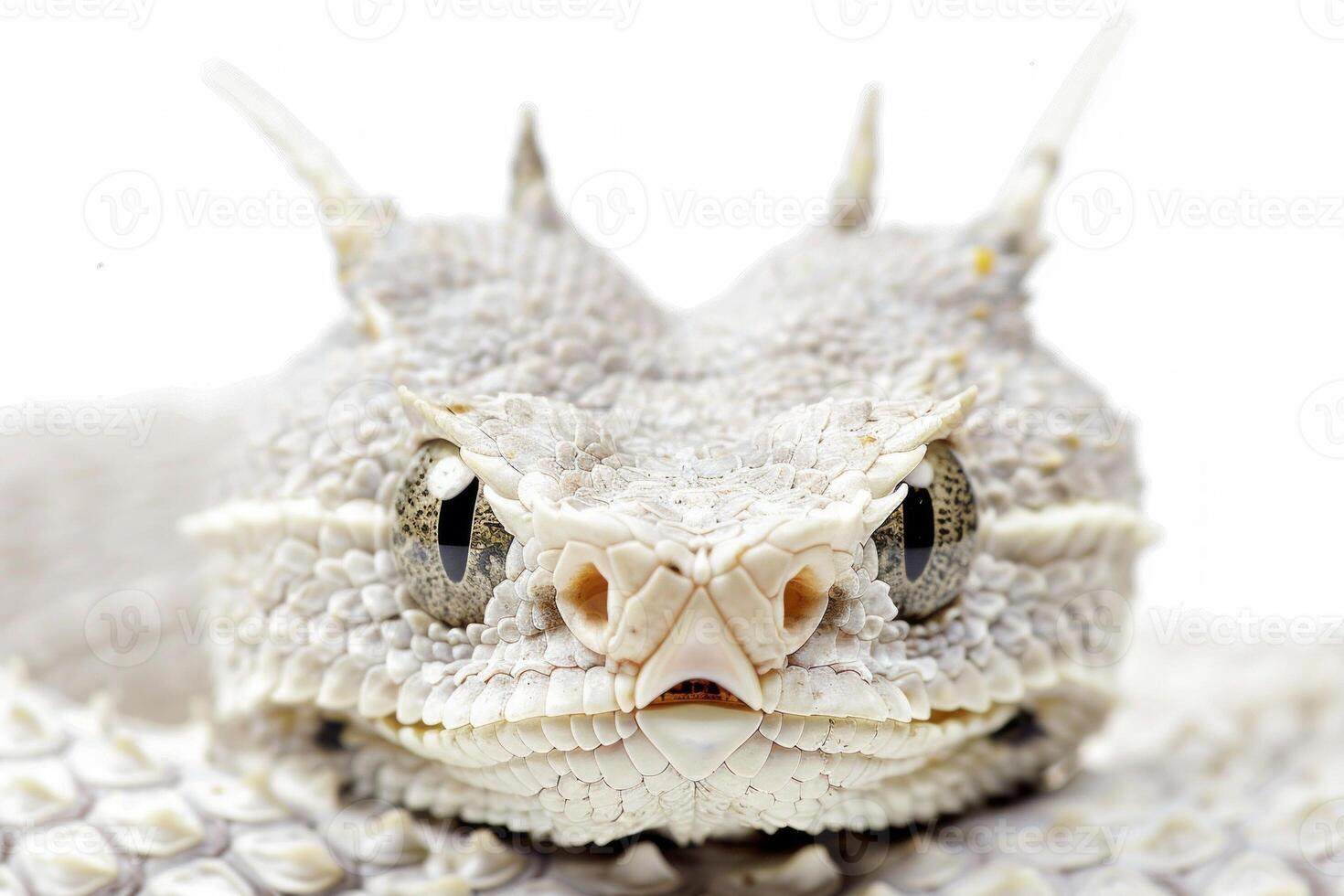 Desert Horned Viper is elegantly coiled in a serene position against a soft white backdrop highlighting its distinctive horned features and textured skin. photo
