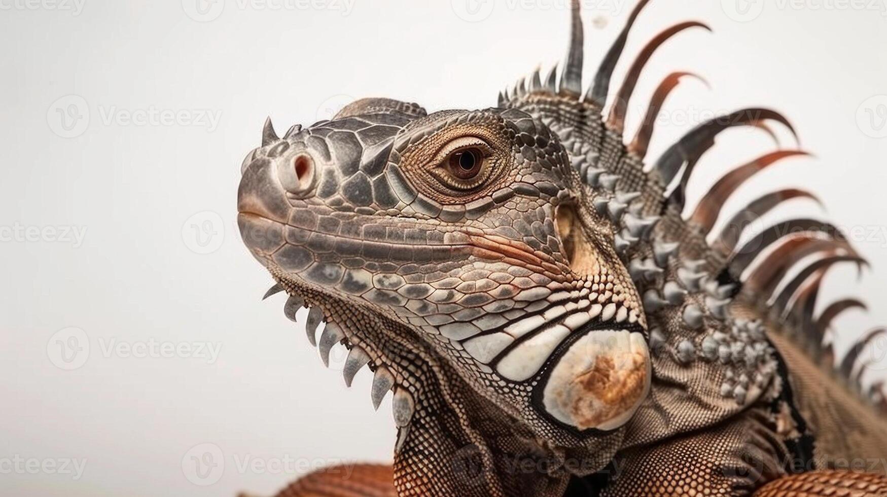 Cuban Rock Iguana displays its distinctive spiky crest and textured skin while standing alert in a controlled studio environment with white backdrop and lighting. photo